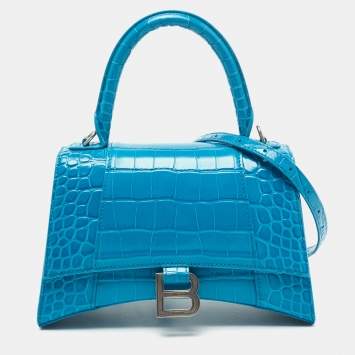 Pre Owned Balenciaga Blue Croc Embossed Leather Hourglass Top Handle Bag