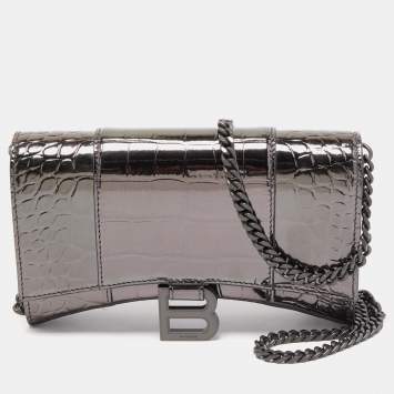 Pre Owned Balenciaga Grey Croc Embossed Patent Leather Small Hourglass Wallet on Chain