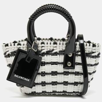 Pre Owned Balenciaga Black/White Woven Patent Leather XXS Bistro Tote