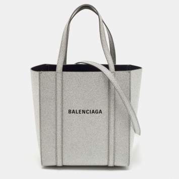 Pre Owned Balenciaga Silver Glitter Leather XXS Everyday Tote