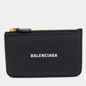 Pre Owned Balenciaga Black Leather Logo Zip Card Holder