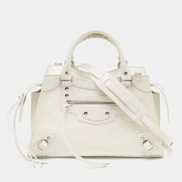 Pre Owned Balenciaga Off White Croc Embossed Leather Small Neo Classic Tote