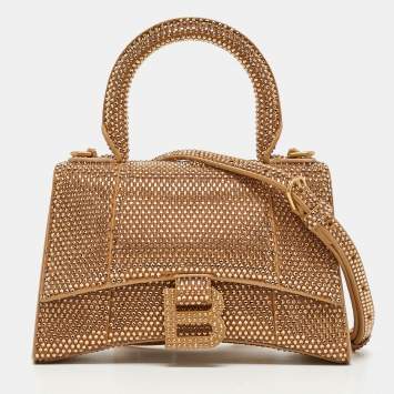 Pre Owned Balenciaga Gold/Brown Leather XS Crystal Hourglass Top Handle Bag
