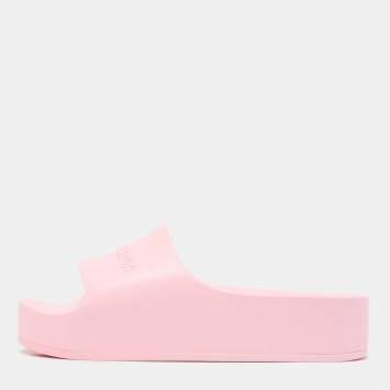 Pre Owned Balenciaga Pink Rubber Logo Chunky Slides Size 40