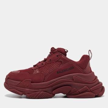Pre Owned Balenciaga Burgundy Faux Leather and Mesh Triple S Sneakers Size 37