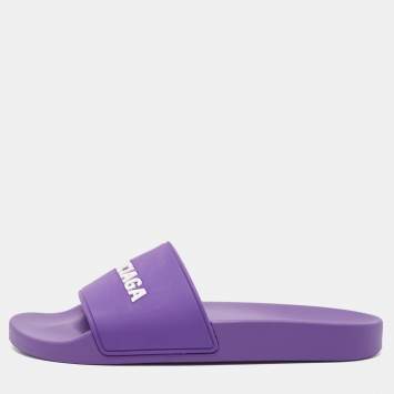 Pre Owned Balenciaga Purple/White Rubber Logo Pool Slides Size 40