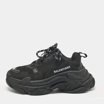 Pre Owned Balenciaga Black Mesh and Faux Leather Triple S Lace Up Sneakers Size 35