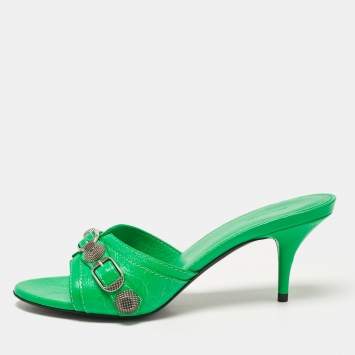 Pre Owned Balenciaga Green Leather Le Cagole Studded Slide Sandals Size 36