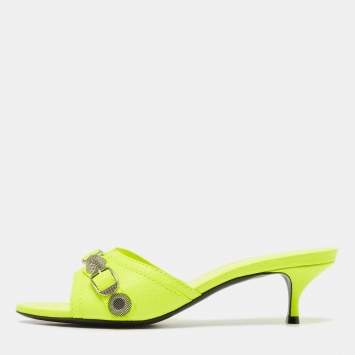 Pre Owned Balenciaga Neon Yellow Leather Le Cagole Studded Slide Sandals Size 37