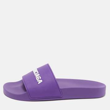 Pre Owned Balenciaga Purple Rubber Logo Pool Slides Size 39