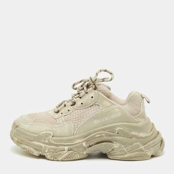 Balenciaga Beige Faux Leather and Mesh Faded Triple S Sneakers Size 38