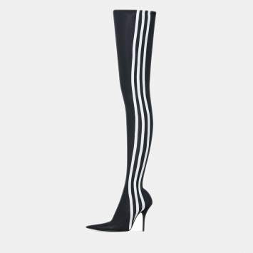 Pre Owned Balenciaga x Adidas Black/White Spandex Knife Over The Knee Boots Size 37