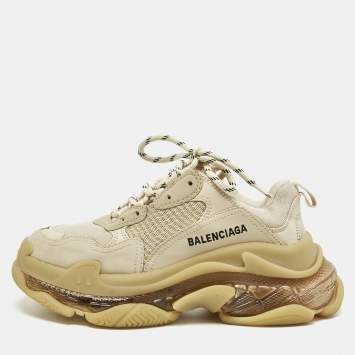 Pre Owned Balenciaga Beige Faux Leather and Mesh Triple S Lace Up Sneakers Size 37