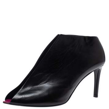 Pre Owned Balenciaga Black Leather V Neck Open Toe Booties Size 38.5