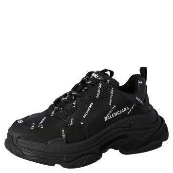 Pre Owned Balenciaga Black Leather And Nubuck Allover Logo Triple S Platform Sneakers Size 40