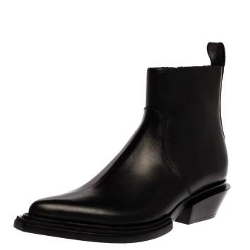 Pre Owned Balenciaga Black Leather Santiag Pointed Toe Ankle Boots Size 38