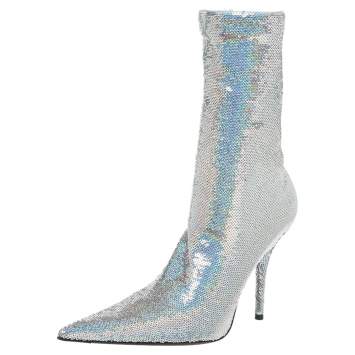 Pre Owned Balenciaga Metallic Silver Sequin Knife Mid Length Boots Size 37
