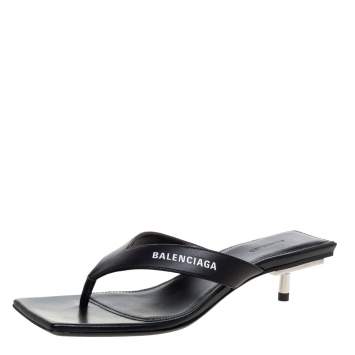 Pre Owned Balenciaga Black Logo Print Leather Square Toe Slide Sandals Size 35