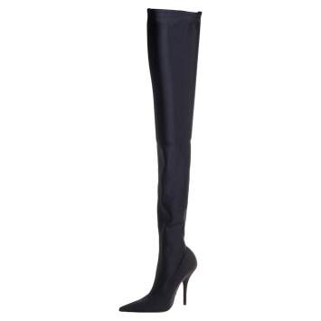 Pre Owned Balenciaga Black Strech Fabric Knife Over The Knee Pointed Toe Boots Size 37