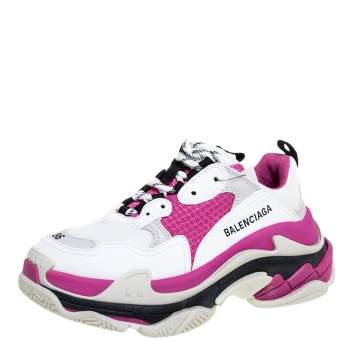 Pre Owned Balenciaga White/Pink Leather And Mesh Triple S Low Top Sneaker size 36