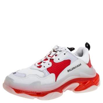Pre Owned Balenciaga White/Red Leather And Mesh Triple S Sneakers Size 39	