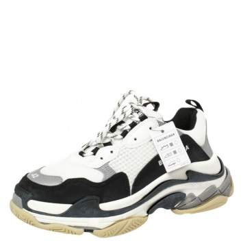 Pre Owned Balenciaga White/Black Leather and Mesh Triple S Platform Sneakers Size 42