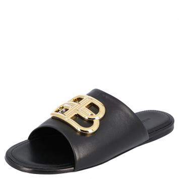 مملوكة مسبقًا Balenciaga Black Leather Oval BB Mule Sandals Sneakers Size EU 39