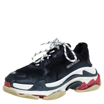 Pre Owned Balenciaga Black Leather And Mesh Triple S Sneakers Size 39