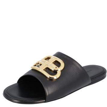 Pre Owned Balenciaga Black Leather Oval BB logo-embellished Slides Size EU 39.5
