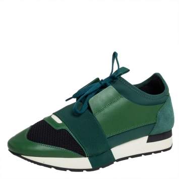 Pre Owned Balenciaga Black/Green Mesh And Leather Race Runner Low Top Sneakers Size 39