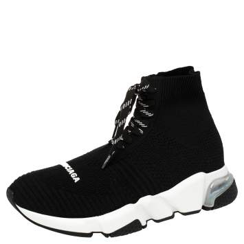 Pre Owned Balenciaga Black Knit Fabric Speed Lace Up Clear Sole Sneakers Size EU 37