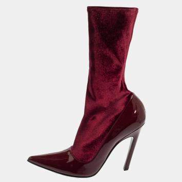 Pre Owned Balenciaga Burgundy Velvet And Patent Leather Knife Mid Calf Boots Size 39