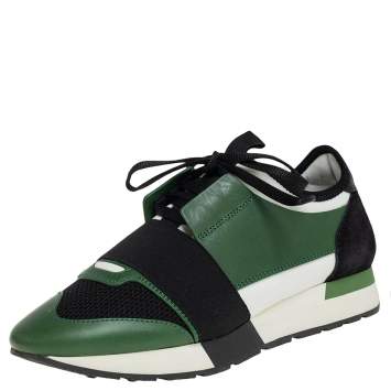 Pre Owned Balenciaga Black/Green Mesh And Leather Race Runner Low Top Sneakers Size 38
