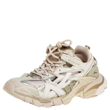 Pre Owned Balenciaga White/Beige Leather And Mesh Track 2 Chunky Sneakers Size 40