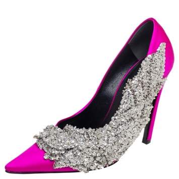 Pre Owned Balenciaga Pink Satin Crystal Embellished Pumps Size 38