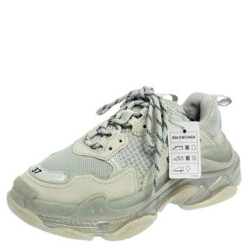 Pre Owned Balenciaga Grey Mesh And Leather Triple S Clear Sole Platform Sneakers Size 37