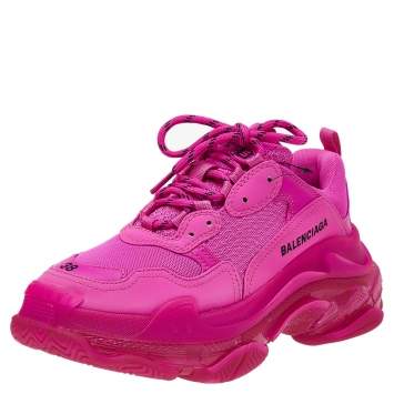 Pre Owned Balenciaga Pink Leather and Mesh 'All Over Logo' Triple S Sneakers Size 38