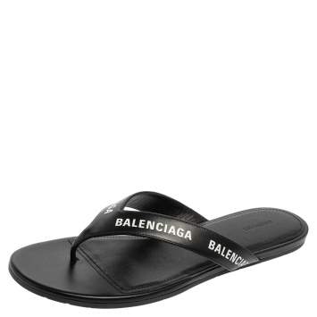 Pre Owned Balenciaga Black Leather Allover Logo Round Thong Sandals Size 39