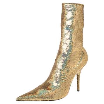 Pre Owned Balenciaga Gold Sequins Knife Ankle Length Boots Size 41
