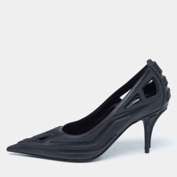 Pre Owned Balenciaga Black Leather And Rubber Cut Out Pointed Toe Pumps Size 37