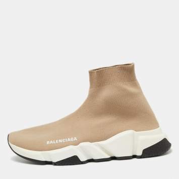 Pre Owned Balenciaga Light Brown Knit Fabric Speed Trainer Sneakers Size 39