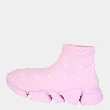 Pre Owned Balenciaga Light pink and white allover logo recycled knit Speed 2.0 Sneaker EU 39
