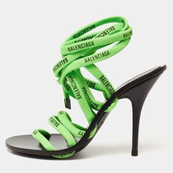 Pre Owned Balenciaga Neon Green Woven Fabric Lace-Up Sandals Size 36