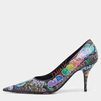 Pre Owned Balenciaga Black Graffiti Leather Knife Pointed Toe Pumps Size 37