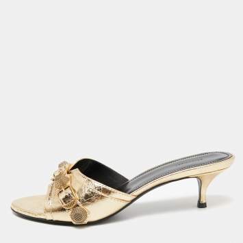 Pre Owned Balenciaga Gold Leather Cagole Slide Sandals Size 37