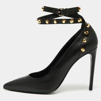 Pre Owned Balenciaga Black Leather Studded Pointed Toe Ankle Wrap Pumps Size 41