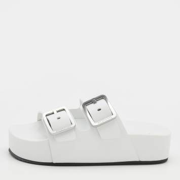 Pre Owned Balenciaga White Leather Buckle Platform Slide Size 38