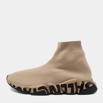 Pre Owned Balenciaga Beige Knit Fabric  Speed Graffiti Sneakers Size 38