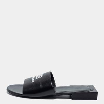Pre Owned Balenciaga Black Leather Logo Print Flat Slides Size 38.5