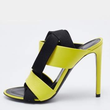 Pre Owned Balenciaga Yellow/Black Leather and Elastic Strappy Sandals Size 36